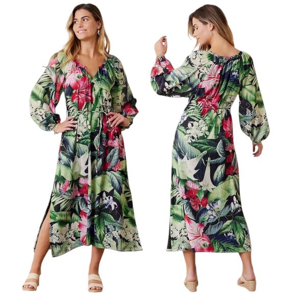 Tommy Bahama Celebration Tropical Floral Maxi Dress Green Size XXS - Picture 1 of 12